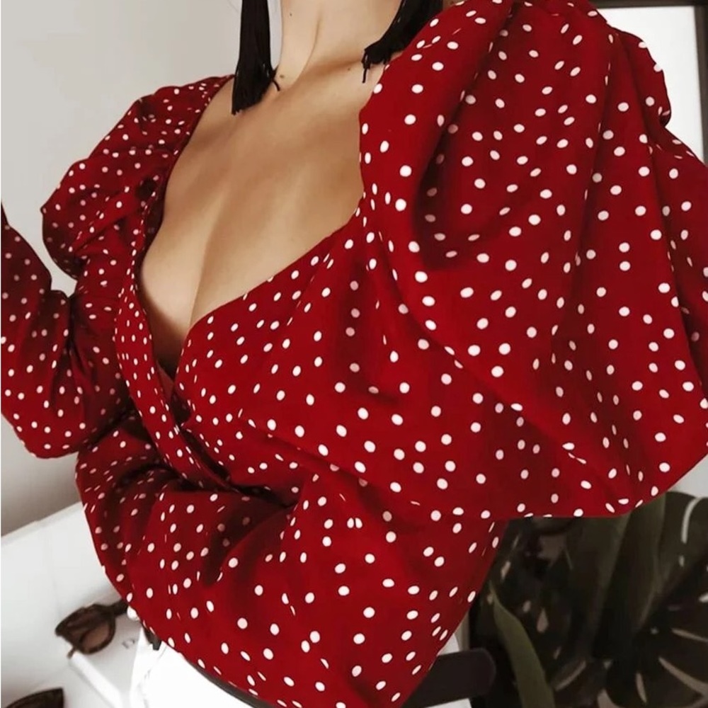 Puff sleeve crop top blouse shirt polka dot red top shirt open back tie - Picture 3 of 6